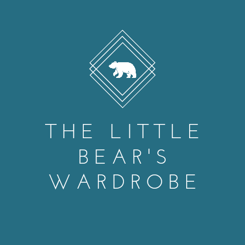 Teal square with a small white bear inside concentric diamonds. The words 'The little bear's wardrobe' are written in white